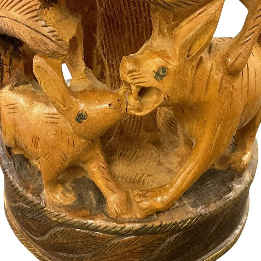 Vintage Hand Carved Round Hunting Shikar‎ Wooden Figurine Animals Forrest
